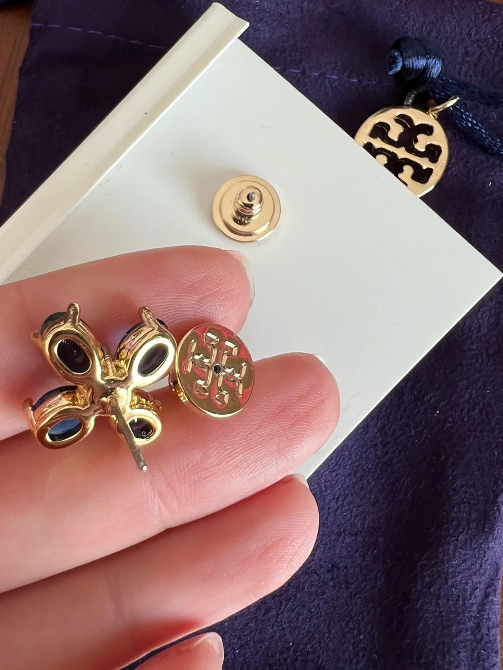 Tory Burch Clover Blue Gold Flower Stud Earrings